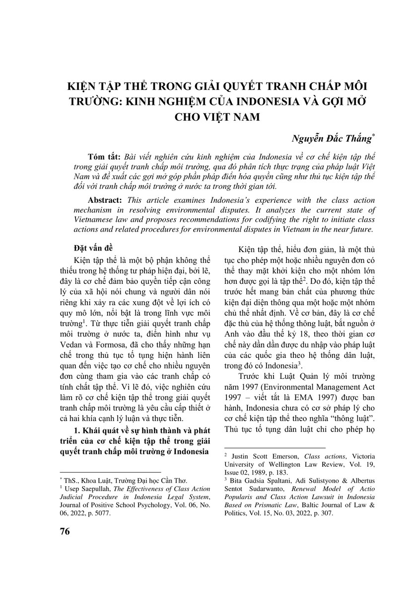 KIỆN TẬP THỂ TRONG GIẢI QUYẾT TRANH CHẤP MÔI TRƯỜNG: KINH NGHIỆM CỦA INDONESIA VÀ GỢI MỞ CHO VIỆT NAM