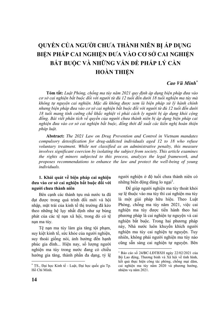 QUYỀN CỦA NGƯỜI CHƯA THÀNH NIÊN BỊ ÁP DỤNG BIỆN PHÁP CAI NGHIỆN ĐƯA VÀO CƠ SỞ CAI NGHIỆN BẮT BUỘC VÀ NHỮNG VẤN ĐỀ PHÁP LÝ CẦN HOÀN THIỆN