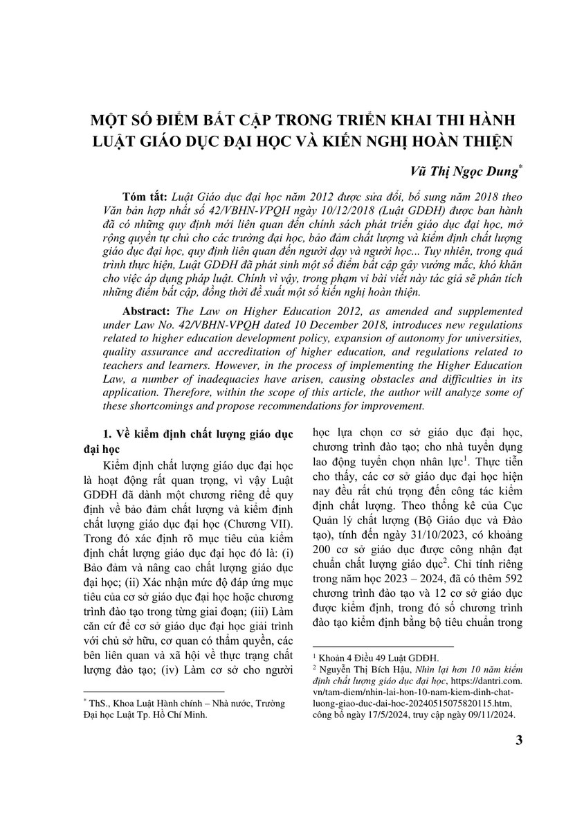 MỘT SỐ ĐIỂM BẤT CẬP TRONG TRIỂN KHAI THI HÀNH LUẬT GIÁO DỤC ĐẠI HỌC VÀ KIẾN NGHỊ HOÀN THIỆN