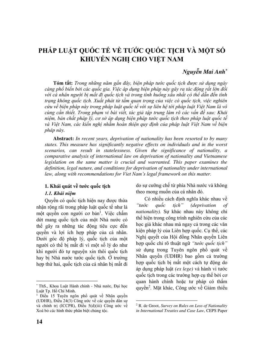 PHÁP LUẬT QUỐC TẾ VỀ TƯỚC QUỐC TỊCH VÀ MỘT SỐ KHUYẾN NGHỊ CHO VIỆT NAM