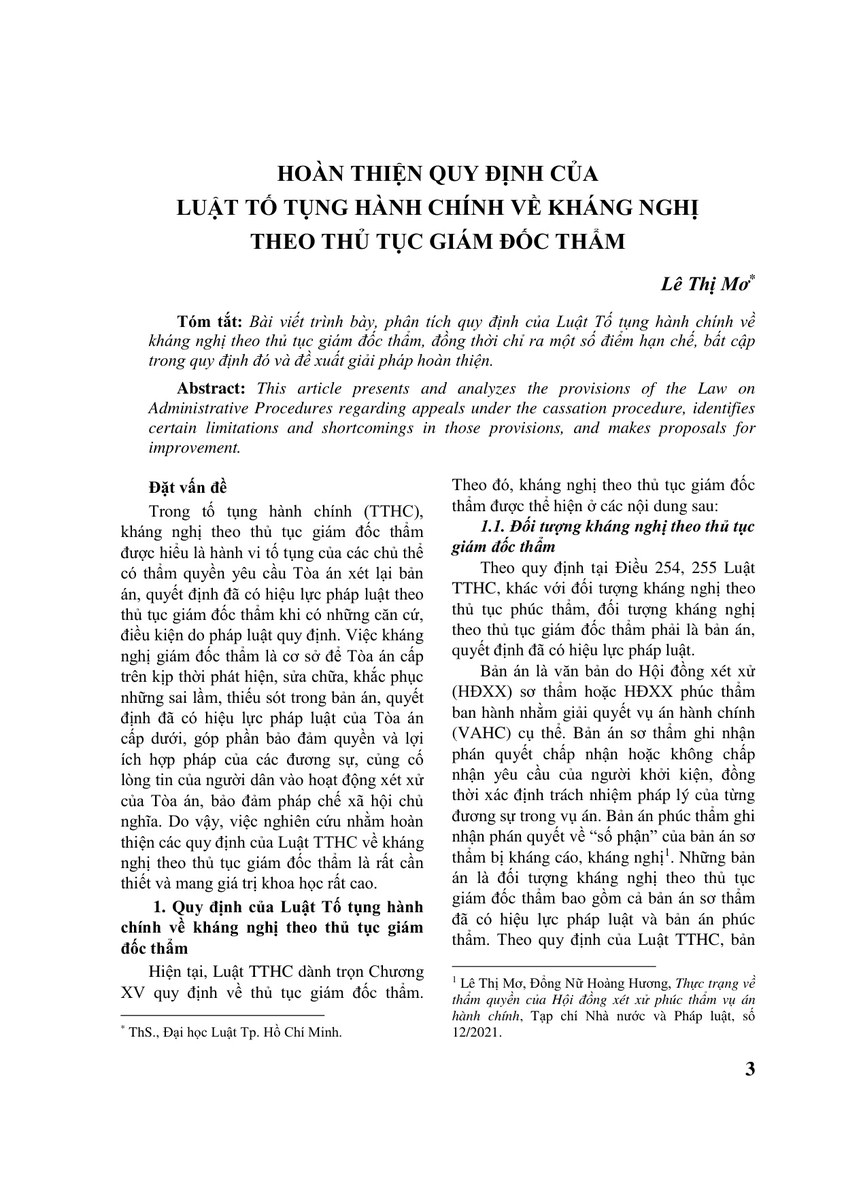 HOÀN THIỆN QUY ĐỊNH CỦA LUẬT TỐ TỤNG HÀNH CHÍNH VỀ KHÁNG NGHỊ THEO THỦ TỤC GIÁM ĐỐC THẨM