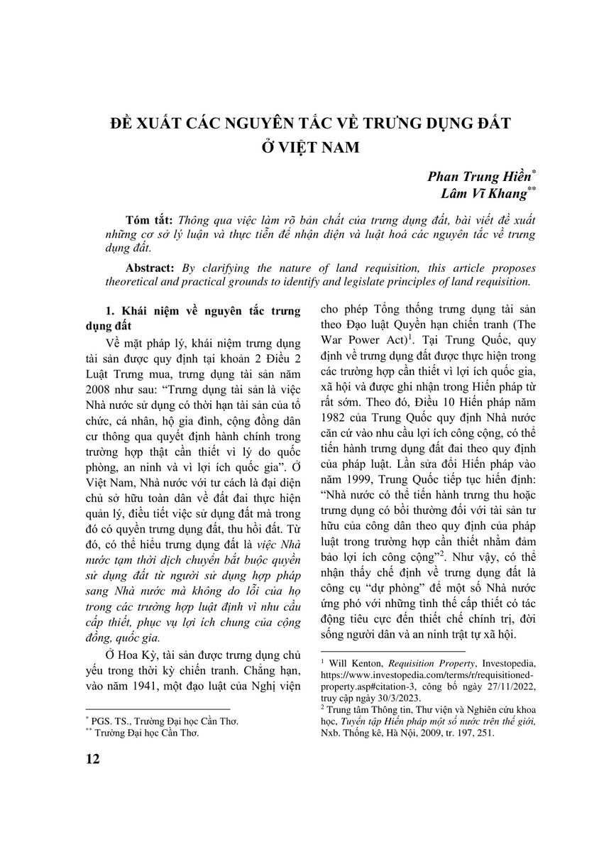 ĐỀ XUẤT CÁC NGUYÊN TẮC VỀ TRƯNG DỤNG ĐẤT Ở VIỆT NAM