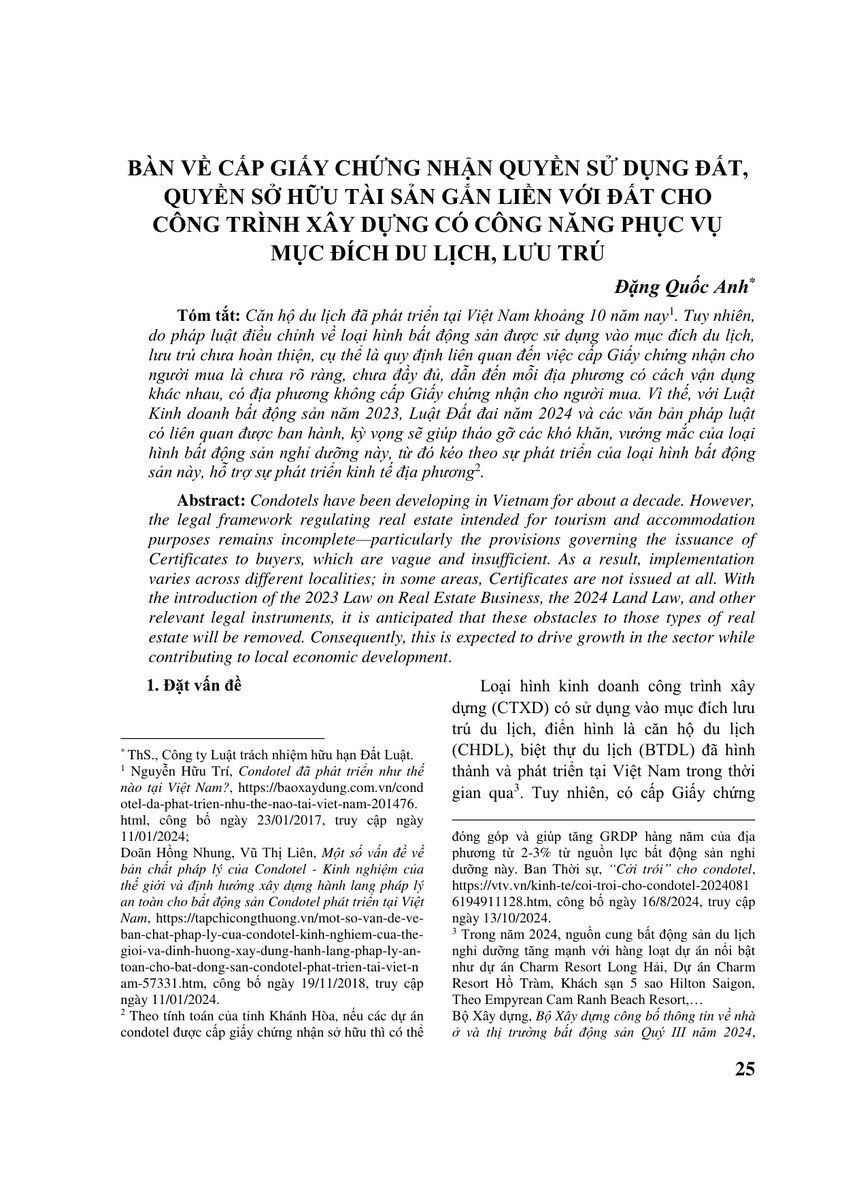 BÀN VỀ CẤP GIẤY CHỨNG NHẬN QUYỀN SỬ DỤNG ĐẤT, QUYỀN SỞ HỮU TÀI SẢN GẮN LIỀN VỚI ĐẤT CHO CÔNG TRÌNH XÂY DỰNG CÓ CÔNG NĂNG PHỤC VỤ MỤC ĐÍCH DU LỊCH, LƯU TRÚ
