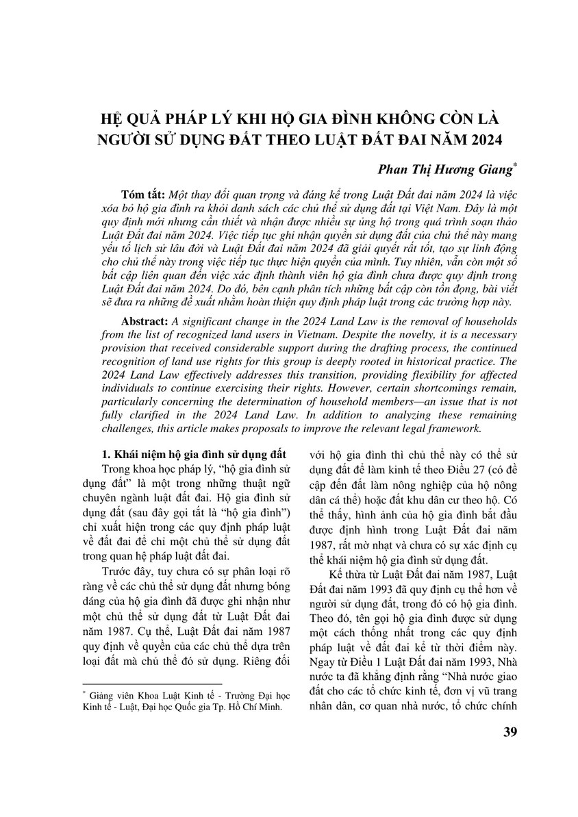 HỆ QUẢ PHÁP LÝ KHI HỘ GIA ĐÌNH KHÔNG CÒN LÀ NGƯỜI SỬ DỤNG ĐẤT THEO LUẬT ĐẤT ĐAI NĂM 2024