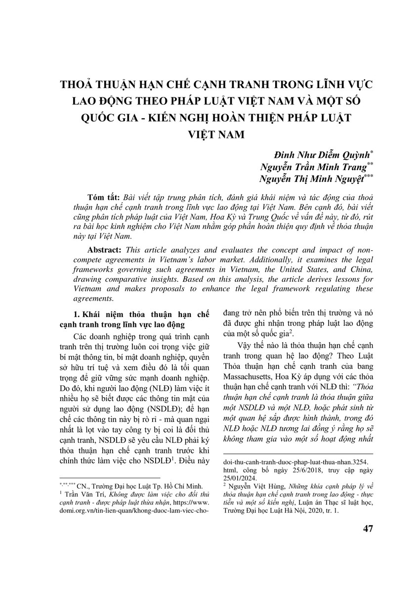 THOẢ THUẬN HẠN CHẾ CẠNH TRANH TRONG LĨNH VỰC LAO ĐỘNG THEO PHÁP LUẬT VIỆT NAM VÀ MỘT SỐ QUỐC GIA - KIẾN NGHỊ HOÀN THIỆN PHÁP LUẬT VIỆT NAM
