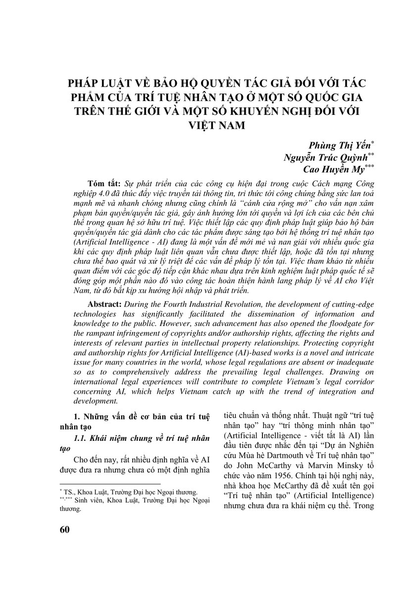 PHÁP LUẬT VỀ BẢO HỘ QUYỀN TÁC GIẢ ĐỐI VỚI TÁC PHẨM CỦA TRÍ TUỆ NHÂN TẠO Ở MỘT SỐ QUỐC GIA TRÊN THẾ GIỚI VÀ MỘT SỐ KHUYẾN NGHỊ ĐỐI VỚI VIỆT NAM
