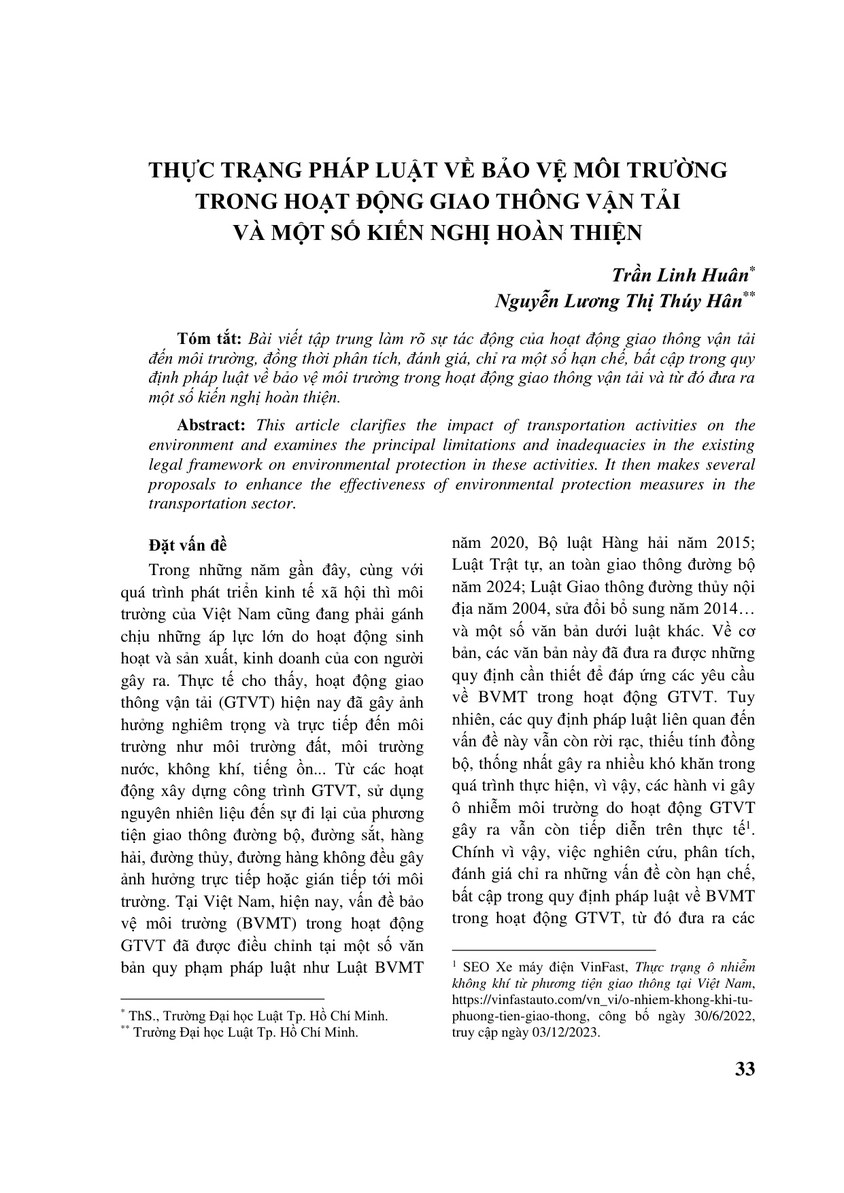 THỰC TRẠNG PHÁP LUẬT VỀ BẢO VỆ MÔI TRƯỜNG TRONG HOẠT ĐỘNG GIAO THÔNG VẬN TẢI VÀ MỘT SỐ KIẾN NGHỊ HOÀN THIỆN
