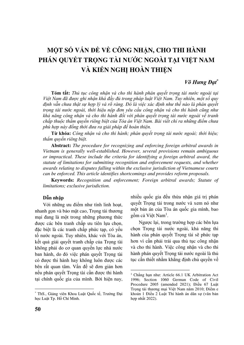 MỘT SỐ VẤN ĐỀ VỀ CÔNG NHẬN, CHO THI HÀNH PHÁN QUYẾT TRỌNG TÀI NƯỚC NGOÀI TẠI VIỆT NAM VÀ KIẾN NGHỊ HOÀN THIỆN