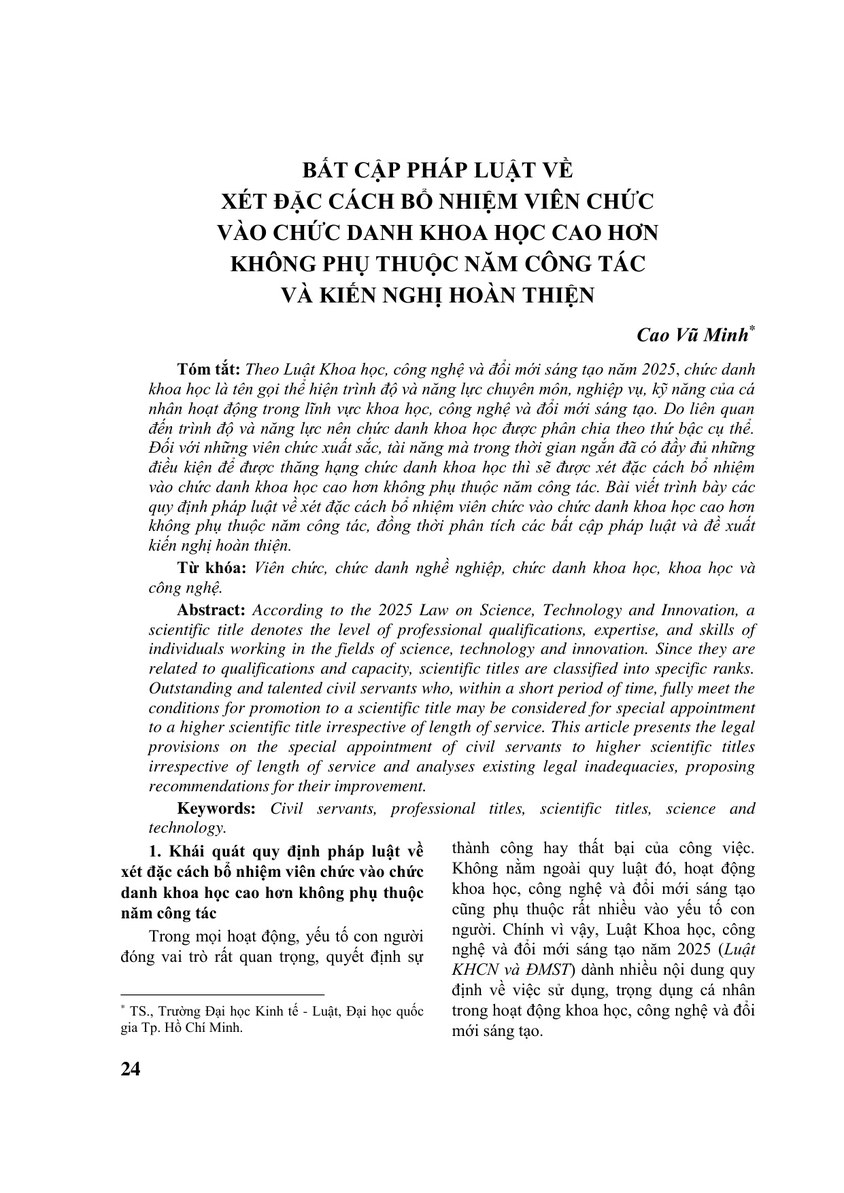 BẤT CẬP PHÁP LUẬT VỀ XÉT ĐẶC CÁCH BỔ NHIỆM VIÊN CHỨC VÀO CHỨC DANH KHOA HỌC CAO HƠN KHÔNG PHỤ THUỘC NĂM CÔNG TÁC VÀ KIẾN NGHỊ HOÀN THIỆN