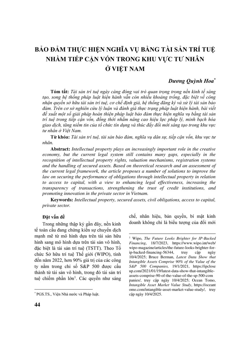 BẢO ĐẢM THỰC HIỆN NGHĨA VỤ BẰNG TÀI SẢN TRÍ TUỆ NHẰM TIẾP CẬN VỐN TRONG KHU VỰC TƯ NHÂN Ở VIỆT NAM
