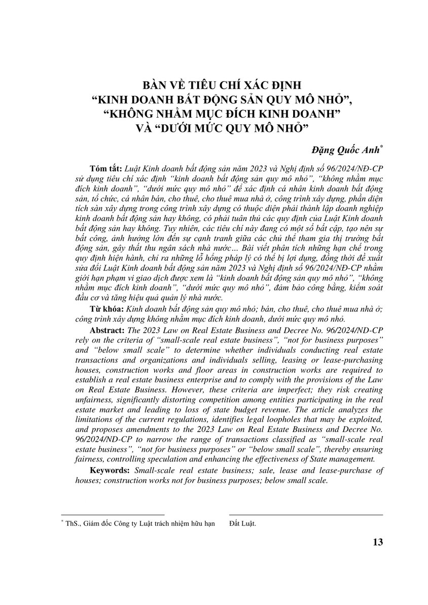 BÀN VỀ TIÊU CHÍ XÁC ĐỊNH “KINH DOANH BẤT ĐỘNG SẢN QUY MÔ NHỎ”, “KHÔNG NHẰM MỤC ĐÍCH KINH DOANH” VÀ “DƯỚI MỨC QUY MÔ NHỎ”