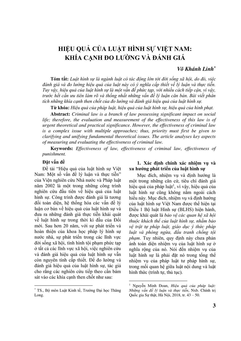 HIỆU QUẢ CỦA LUẬT HÌNH SỰ VIỆT NAM: KHÍA CẠNH ĐO LƯỜNG VÀ ĐÁNH GIÁ