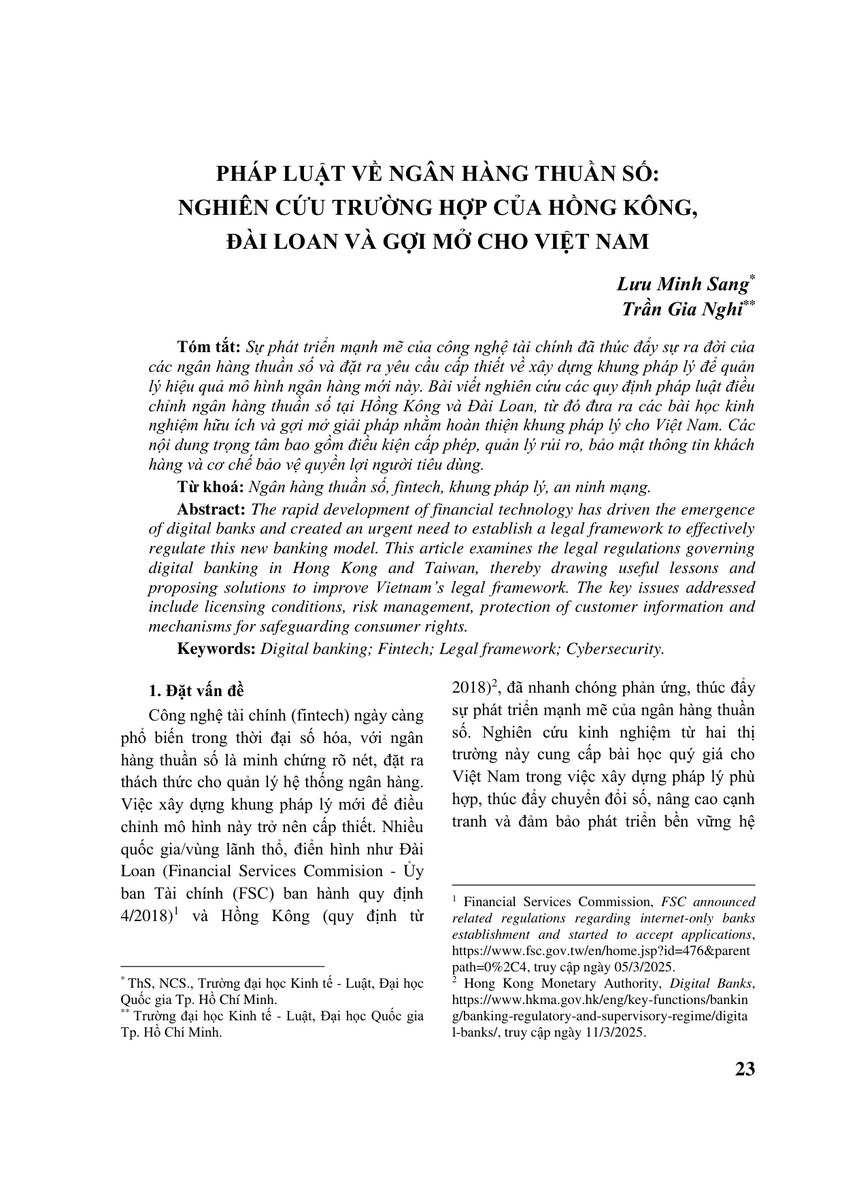 PHÁP LUẬT VỀ NGÂN HÀNG THUẦN SỐ: NGHIÊN CỨU TRƯỜNG HỢP CỦA HỒNG KÔNG, ĐÀI LOAN VÀ GỢI MỞ CHO VIỆT NAM