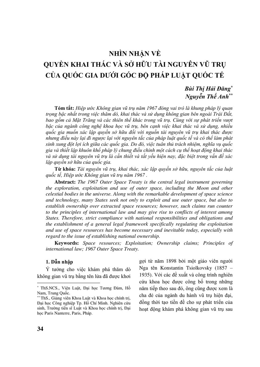 NHÌN NHẬN VỀ QUYỀN KHAI THÁC VÀ SỞ HỮU TÀI NGUYÊN VŨ TRỤ CỦA QUỐC GIA DƯỚI GÓC ĐỘ PHÁP LUẬT QUỐC TẾ