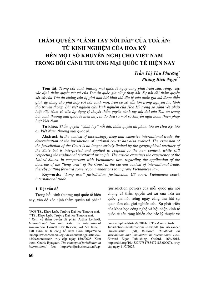 THẨM QUYỀN “CÁNH TAY NỐI DÀI” CỦA TOÀ ÁN: TỪ KINH NGHIỆM CỦA HOA KỲ ĐẾN MỘT SỐ KHUYẾN NGHỊ CHO VIỆT NAM TRONG BỐI CẢNH THƯƠNG MẠI QUỐC TẾ HIỆN NAY