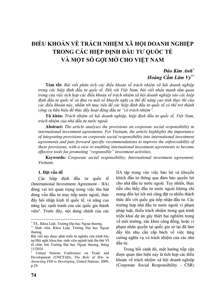ĐIỀU KHOẢN VỀ TRÁCH NHIỆM XÃ HỘI DOANH NGHIỆP TRONG CÁC HIỆP ĐỊNH ĐẦU TƯ QUỐC TẾ VÀ MỘT SỐ GỢI MỞ CHO VIỆT NAM
