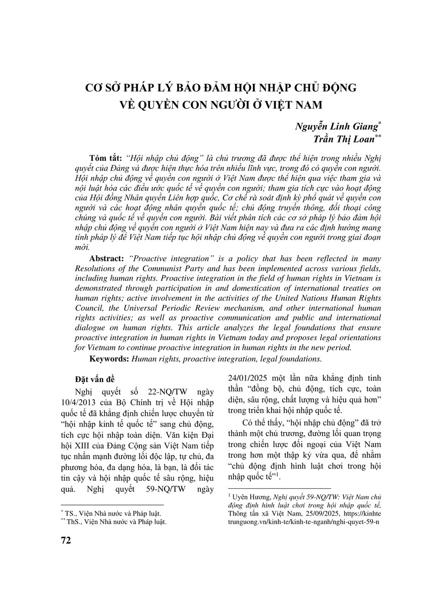 CƠ SỞ PHÁP LÝ BẢO ĐẢM HỘI NHẬP CHỦ ĐỘNG VỀ QUYỀN CON NGƯỜI Ở VIỆT NAM